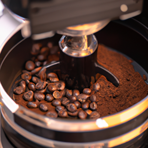 תמונת תקריב של פולי קפה נטחנים במכונת קפה מומלצת מטחנת.