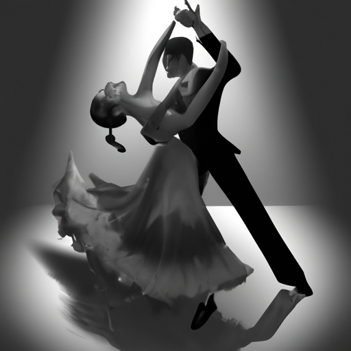 1. תמונה אלגנטית בשחור-לבן של סצנת ריקוד סלוני מסורתי.