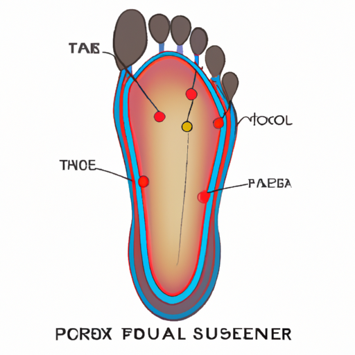 איור של כף רגל המציגה נקודות לחץ שונות שניתן לטפל בהן באמצעות מדרסים מותאמים אישית.