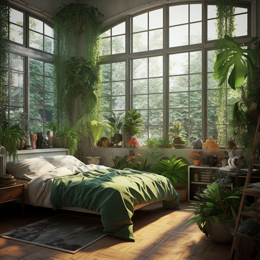 חדר שינה שליו עם חלונות גדולים, אור טבעי ושפע של צמחים פנימיים.